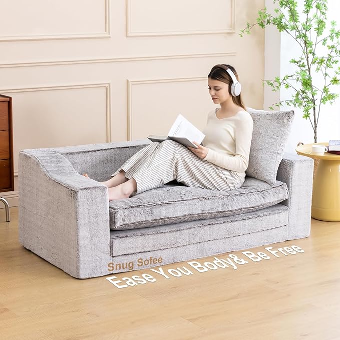 Loveseat Oversized Folding Sofa Bed Convertible Sleeper Chair Bed with Pillows &amp Wide Armrest Comfortable Floor Couch for Living Room &amp Bedroom(Fur Coffee) | Foldable