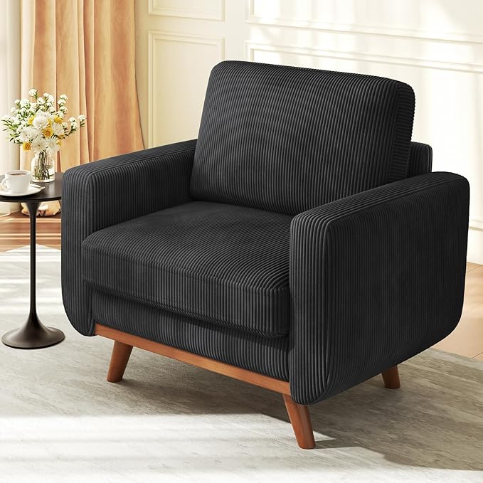 38.5 Black Corduroy Accent Chair Comfy Deep Seat Armchair with Spring Cushion Modern Reading Sofa for Living Room Bedroom