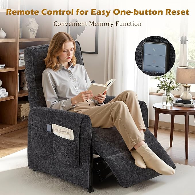 Power Recliner Chair Small Recliners for Small Spaces Electric Recliner Chairs for Adults with Memory Function Reclining Chair with Remote Pillow and Side Pockets Living Room Chenille