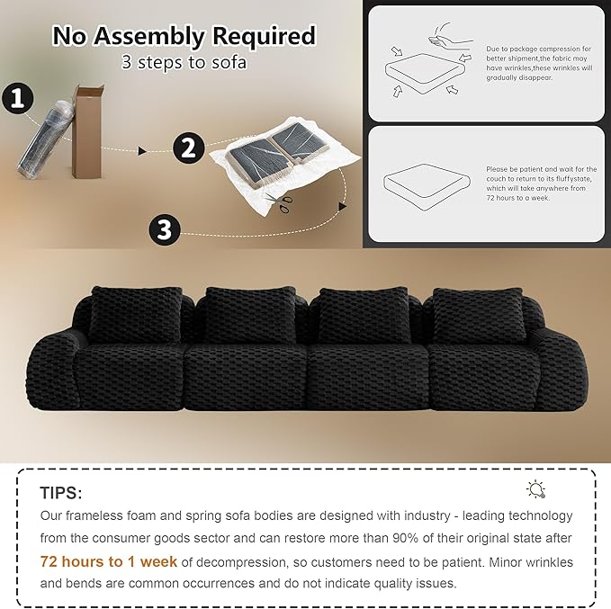 Cloud Sectional Couches for Living Room Boneless Couch Modular Sectional Sofa Modern Deep Seat Sofa with Pillows 4 Seater Comfy Floor Couch for Bedroom No Assembly RequiredBlack