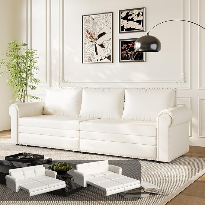 JOYBASE Pull Out Sofa Bed King-Size Convertible Sleeper Sofa Modern 3-Seater Faux Leather Couch with Nailhead for Living Room Office Apartment (Cream White)