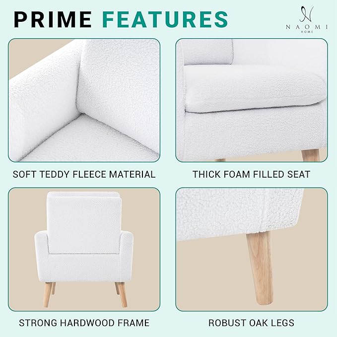 Naomi Home Frida Modern Accent Chair with Plush Fabric Ergonomic Indoor Lounge Chair Comfy Arm Chair for Bedroom &amp Living Room Chairs with Oak Legs and Thick Cushioning
