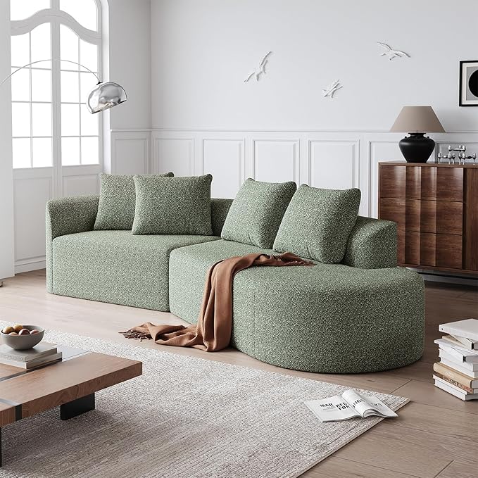 112-inch Curved Sofa Modular Sectional Modern Oversized Chenille Cloud Memory Foam Compression Boneless Sofa Couch with 4 Pillows for Living Room Bedroom Office Right Facing Chaise Green