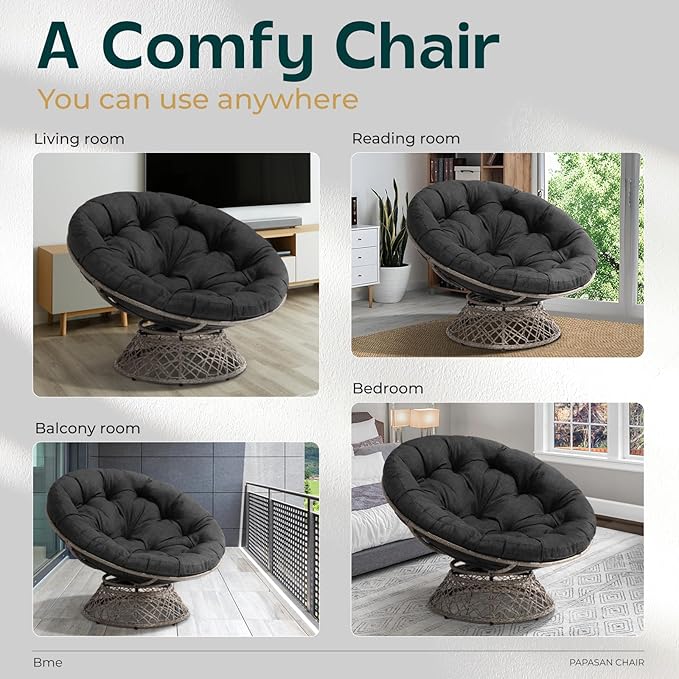 Bme 46 Large Size Ergonomic Wicker Papasan Chair with Soft Thick Density Fabric Cushion Bee-Designed Base High Capacity Steel Frame 360 Degree Swivel for Living Bedroom...