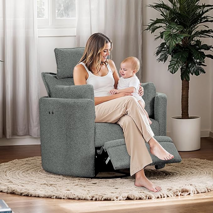 Power Swivel Rocker Recliner Glider Nursery Chair for Adults Modern Leisure Sofa Chair with 2 Pillows for Small Spaces Bedroom Living Room Beige (Light Grey)