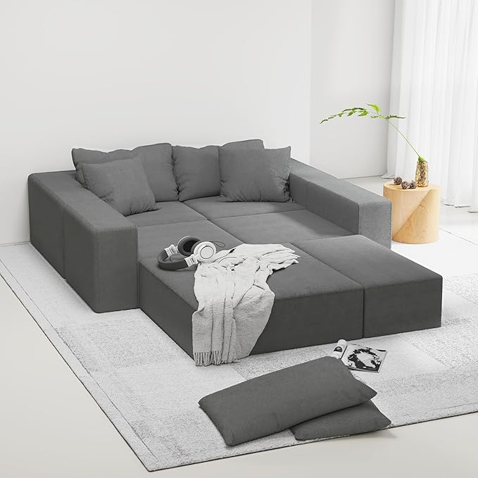 LUMISOL Modular Sectional Sofa Modern L-Shaped Sectional Sofa Couch with 6 Throw Pillows Free Combination Sofa for Living Room Grey