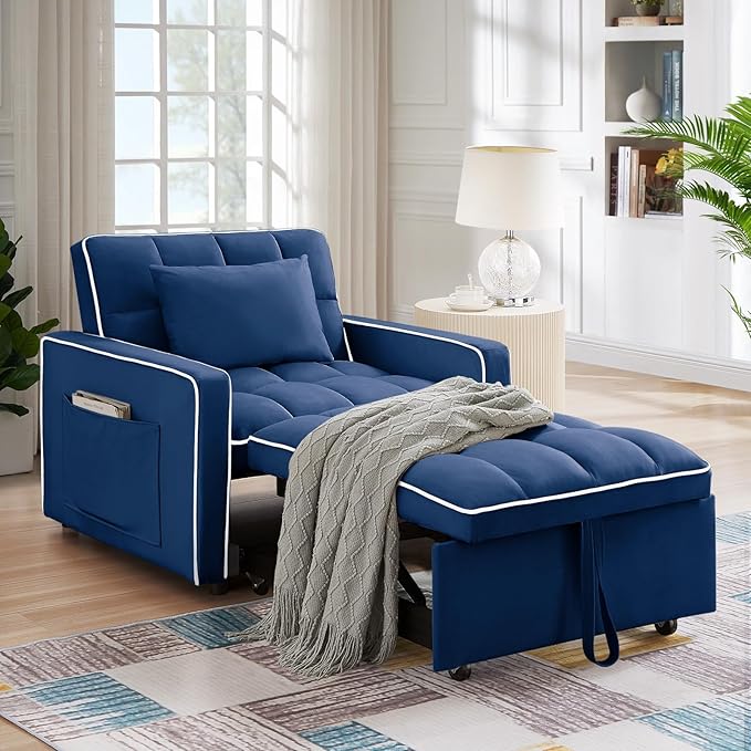 Antetek Convertible Sleeper Chair Bed 3 in 1 Modern Velvet Pull Out Sofa Bed Small Tufted Single Sleeper Chair with Adjustable Backrest/Pillow for Living Room Small Spaces Apartment Office Blue