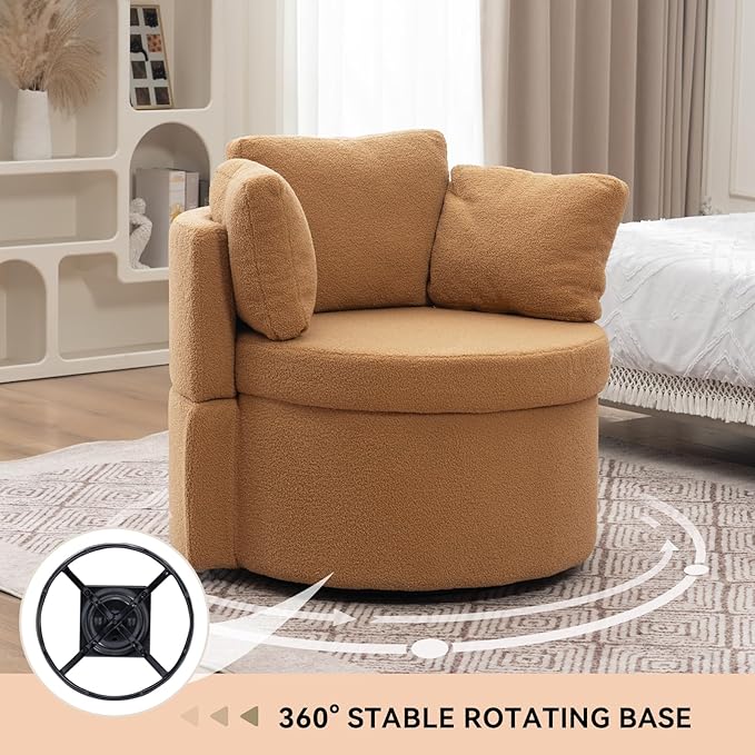 FOXHUNTER Swivel Barrel Chair 360 Degree Swivel Round Storage Chair with 3 Pillows Oversize Teddy Swivel Accent Chair Comfy Single Sofa Chair for Nursery Living Room Bedroom (Khaki)