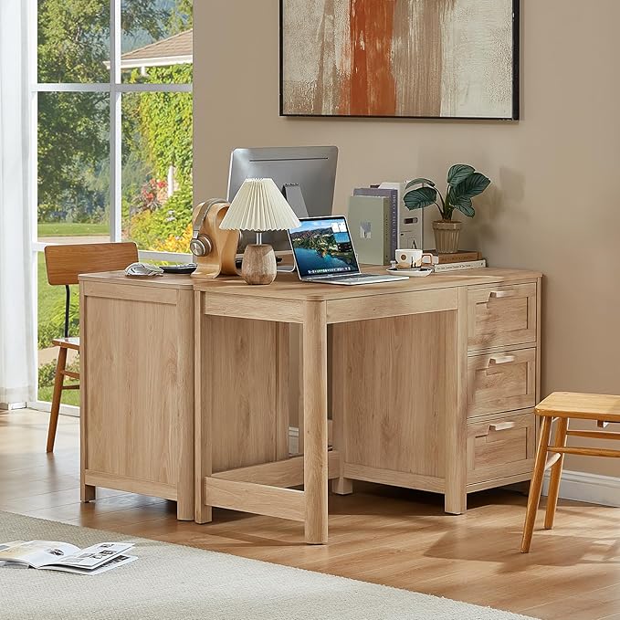 Office Desk 48 with 3 Drawers Storage File Cabinet Wood Farmhouse Desk for Computer Office Bedroom Home Furniture Natural