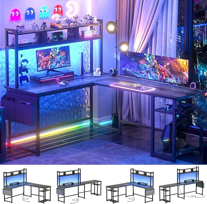Aheaplus L Shaped Gaming Desk 59 Reversible Gaming Desk with Power Outlet &amp Led Lights L Shaped Computer Desk with Storage Shelves &amp Monitor Stand Home Office Desk L Shaped Corner Desk Bl