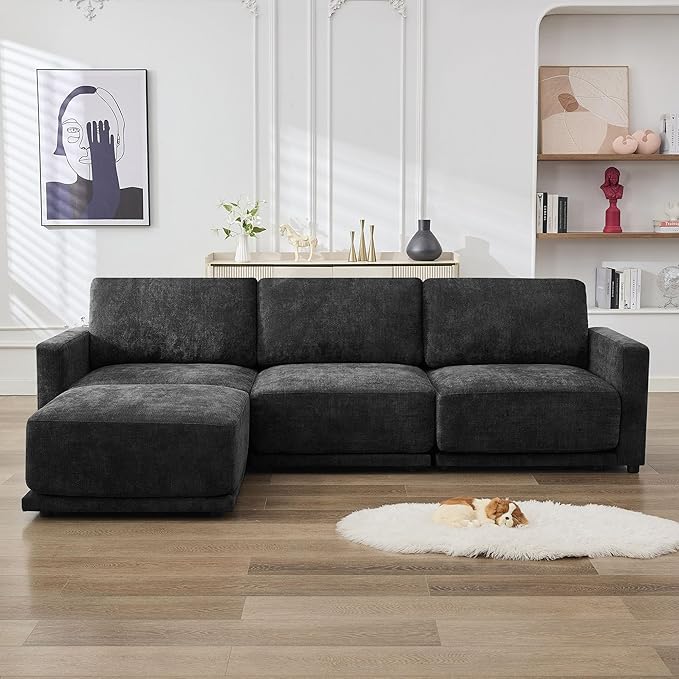 110.6 L Shaped Sectional Sofa Modular Cloud Deep Seat Couch with Movable Ottoman Oversized Thicked 4-Seats Sofas for Living Room Chenille Black