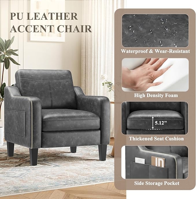 PU Leather Accent Chair Set of 2 Mid-Century Modern Living Room Armchair Sofa with Removable Cushions Solid Wood Frame &amp Stitched Armrest Design Bedroom Chair with Plastic Legs Black