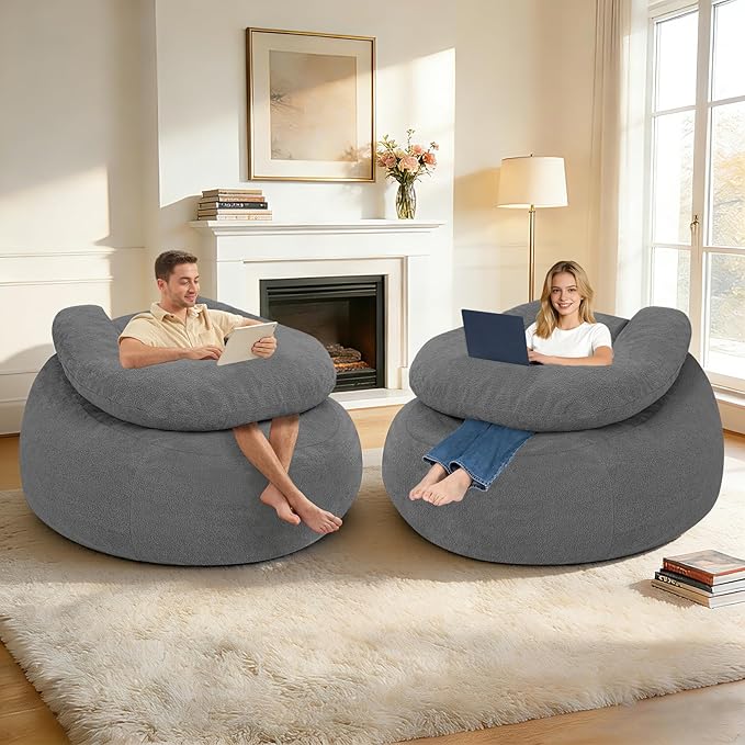 HABUTWAY Giant Bean Bag Chair Oversized Beanbag Chair with Filler Ultra Soft Teddy Fleece Bean Bag Lounge Floor Sofa w/U-Shaped Pillow for Gaming Reading Grey &amp Grey