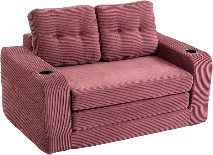 54 Convertible Sofa Bed 2-in-1 Boneless Folding Couch Bed with Cup Holder &amp Pocket Corduroy Fold Out Floor Couch with Pillows for Living Room Bedroom Small Spaces (Wine Red)