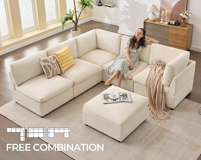 Jocisland Oversized Modular Sectional Sofa with 32 Deep Seat 6 Seater Sectional Couch Modular Sofa for Living Rooms Tool-Free Assembly Flexible Modular Couch Layout-Corduroy Beige