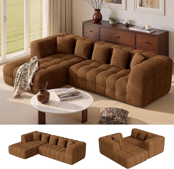 Nalupatio Modern Boneless Couch Cloud Modular Sectional Sofa with L Shaped Chaise Upholstered Comfy Chenille Couch Bed No Assembly Required (107 Brown)