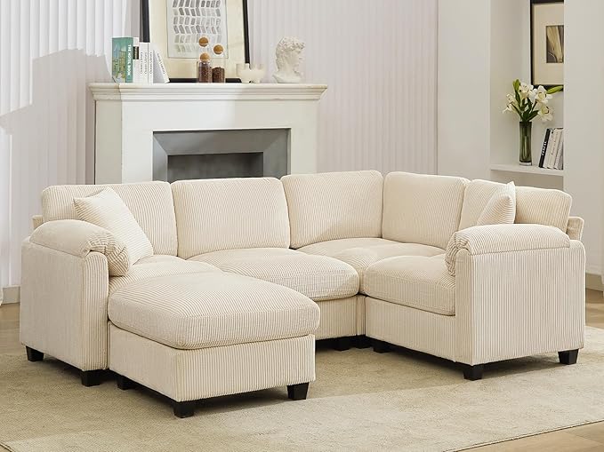 DRMBOOK 88'' U Shaped Modular Sectional Cloud Couch Comfy Corduroy 4 Seater Sofa with Curved Armrest Modern Deep Seat Modular Sofa for Living Room (Cream Beige 3 Seat+1 Corner+1 Ottoman)