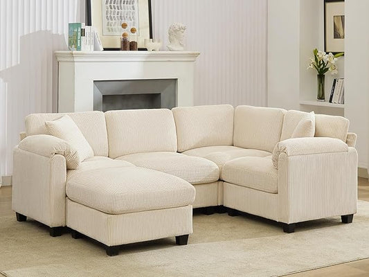 DRMBOOK 88'' U Shaped Modular Sectional Cloud Couch Comfy Corduroy 4 Seater Sofa with Curved Armrest Modern Deep Seat Modular Sofa for Living Room (Cream Beige 3 Seat+1 Corner+1 Ottoman)