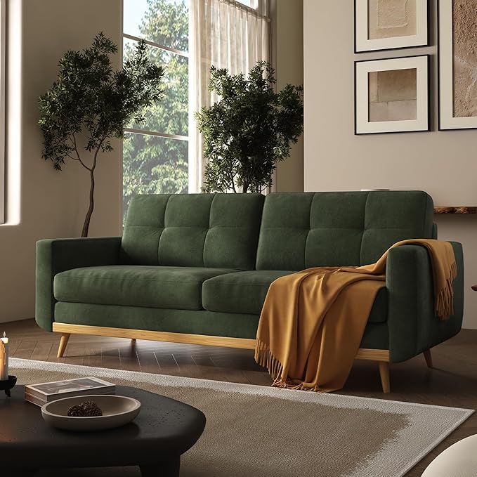 67.7” Loveseat Sofa Mid Century Modern Decor Love Seat Couches for Living Room Button Tufted Upholstered Small Couch for Bedroom Solid and Easy to Install Furniture (Green 67.7inch)