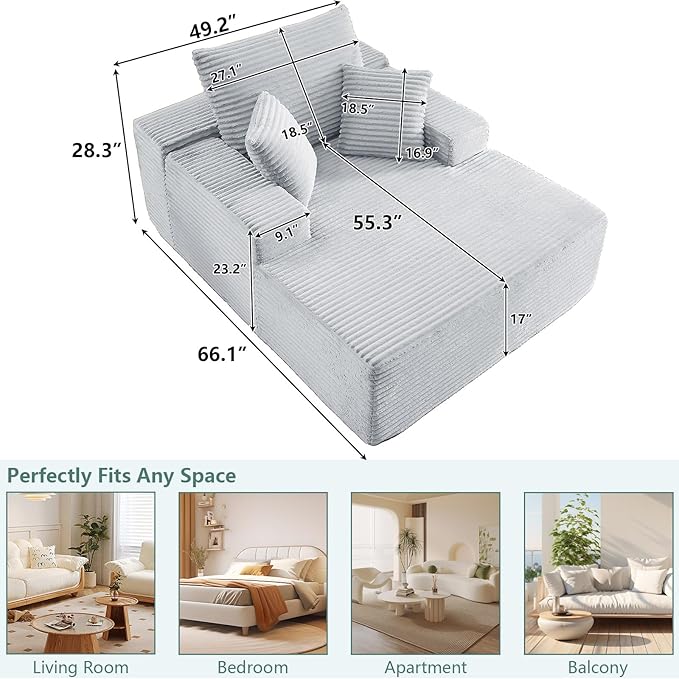 50Oversized Chaise Lounge Chair IndoorCorduroy Boneless Reading Chair with 3 PillowsDeep Seat Cloud Sofa BedComfy Modern Sleeper Chairs in Box for Living Room BedroomNo Assembly(Light Grey)