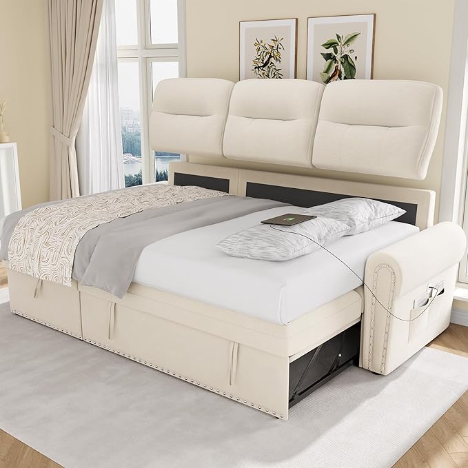 Sleeper Sofa Bed 87'' Pull Out Couch Bed with Reversible Storage Chaise &amp Nailhead Armrest Sectional Couches for Living Room Side Pocket &amp Charging Station Removable Backrest Velvet Fabri