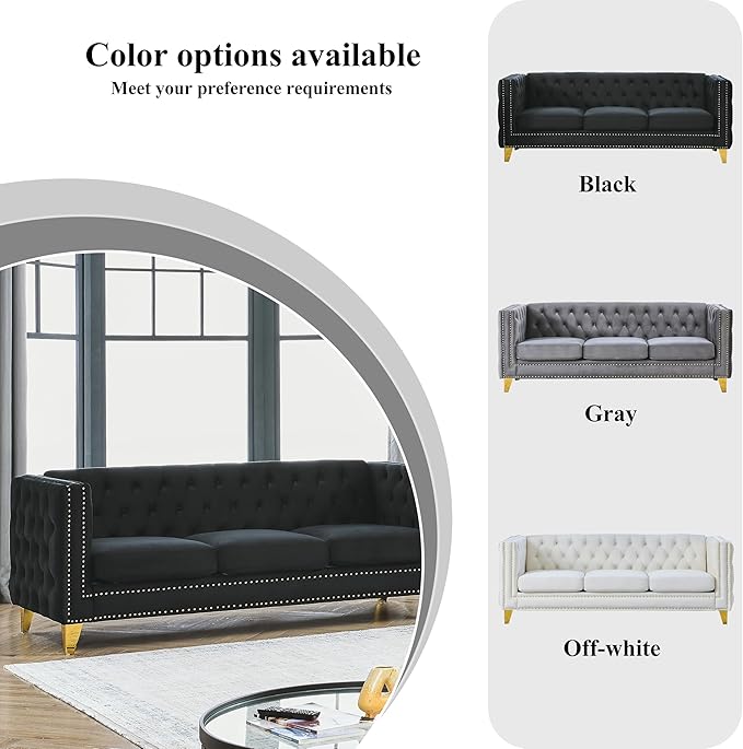 80.5 Chesterfield Velvet Sofa for Living Room3-Seater Sofa Loveseat Tufted Couch with Two PillowsRolled Arms and Nailhead for Living RoomBedroomOfficeBlack