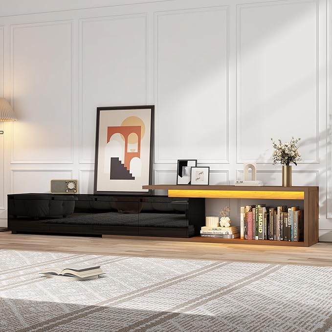 Extendable TV Stand with LED Light Modern Entertainment Center for up to 120 Inch TV Wood TV Media Console with 2 Drawers &amp 2 Cabinets for Living Room Bedroom 75-110 High Gloss Black &amp W