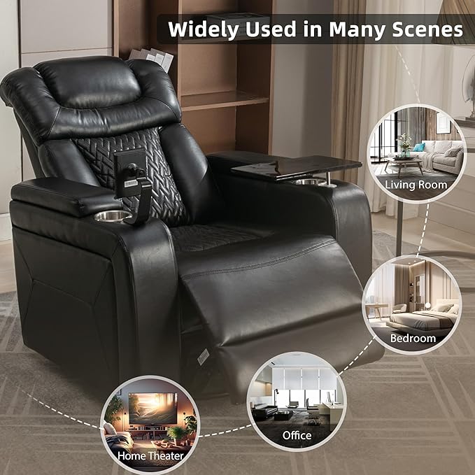 270 Degree Swivel Chair PU Leather Power Recliner Individual Seat with Comforable Backrest Tray Table Phone Holder Cup Holder USB Port Hidden Arm Storage for Living Room Home Theater Black
