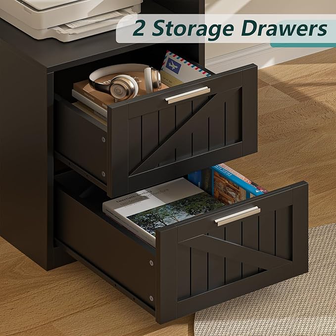63 Farmhouse L Shaped Desk with Drawers &amp Storage Shelf Corner Computer Desk with Power Outlets for Home Office Executive Desk with Monitor Stand Printer Shelf Black