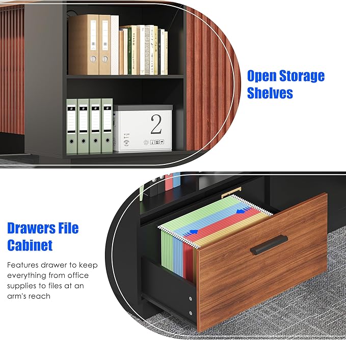 63 L-Shaped Executive Desk Home Office Standing Desk with Storage Drawers File Cabinet and Privacy Panel Modern Corner Desk with Charging Station &amp Led Lights(Walnut+Black)