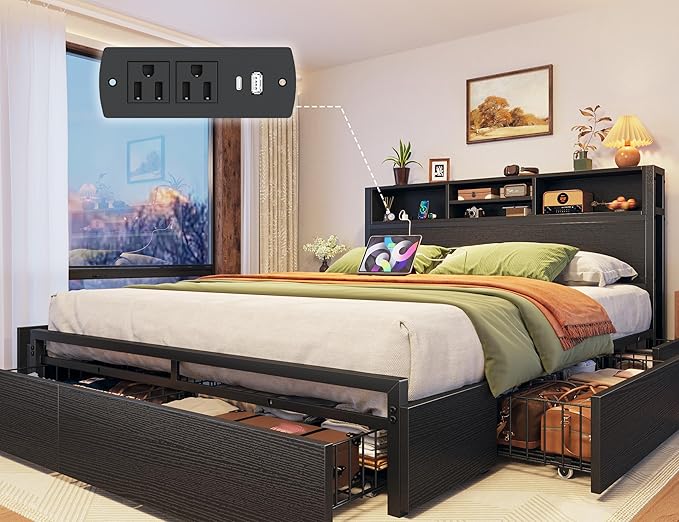 EnHomee Queen Bed Frame with 6 Storage Drawers Queen Size Bed Frame with Headboard Storage Bed with Charging Station No NoiseNo Box Springs NeededBlack