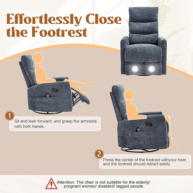 Manual Swivel Rocker Recliner Chair for Adults Overstuffed Reclining Glider Chair for Nursing with Vibration Massage &amp Heat Living Room Rocking Recliner 3-Stage backrest Chenille Fabric Blue