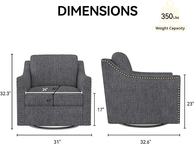 Swivel Accent Chair Set of 2 Modern Comfy Linen Upholstered Barrel Armchair with Nailhead Decor and Metal Base Soft Oversized Round Chair for Living Room Bedroom Club (2 Dark Grey)