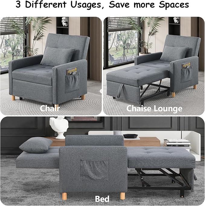 Sleeper Chair Bed Convertible Chair Bed Sleeper Pull Out Sofa Beds with Adjustable Backrest Modern Linen Fabric Convertible Chair to Bed for BedroomLiving Room Apartment-Dark Grey