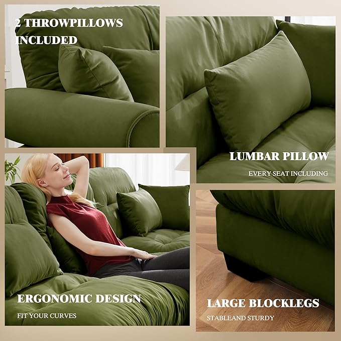 Oversized Modular Velvet Sectional Cloud Sofa Couch with Movable OttomanCorner Sofa with Comfortable Armrests Deep Seat Convertible L or U Shaped Couch (Olive Green 3 Seat+ 2 Ottomans)