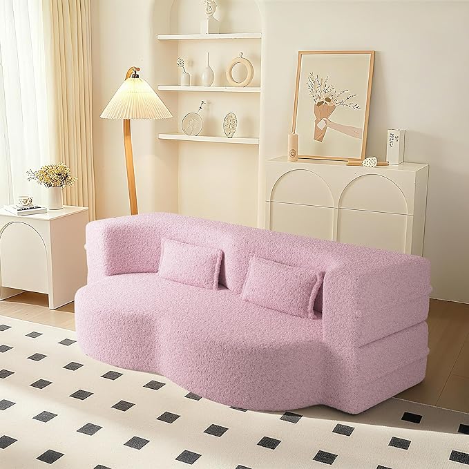 78 Convertible Sofa Bed 2-in-1 Folding Floor Couch with 2 Pillows Sleeper Sofa for Living Room and Bedroom No Assembly Required (Pink Teddy Fabric)