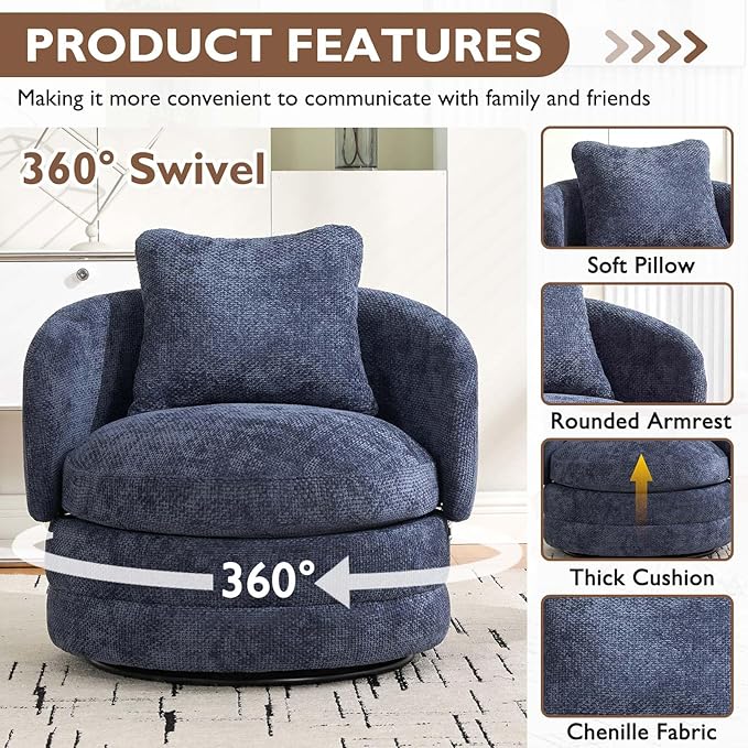 Beige Swivel Accent Chairs for Living Room Round Swivel Barrel Chair with Comfy Pillow &amp Curved Backrest Small Upholstered Armchair for Small Spaces Bedroom Office (Blue)