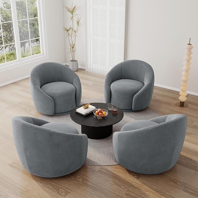 Swivel Barrel Accent Chair 360° Small Round Sofa Chair Comfy Modern Reading Armchair for Living Room Bedroom (Velvet Grey Set of 2)