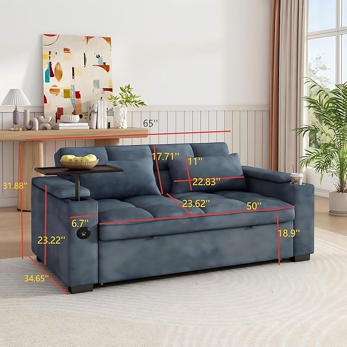 KEIKI 65 3-in-1 Convertible Sofa Bed Space-Saving Sleeper Couch with 90° Swivel Side Table USB &amp Type-C Charging Hidden Storage for Modern Home Office Living