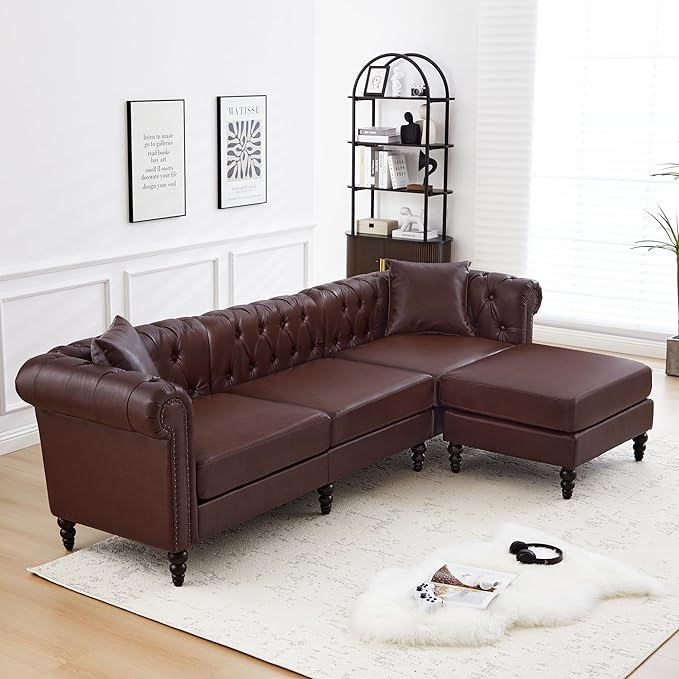 AVZEAR Chesterfield L Shaped Sofa Modular Sectional Leather Couch with Ottoman and Pillow Modern PU Deep Seat Sofa Living Room Furniture Sets for Living Room Apartment Dark Brown