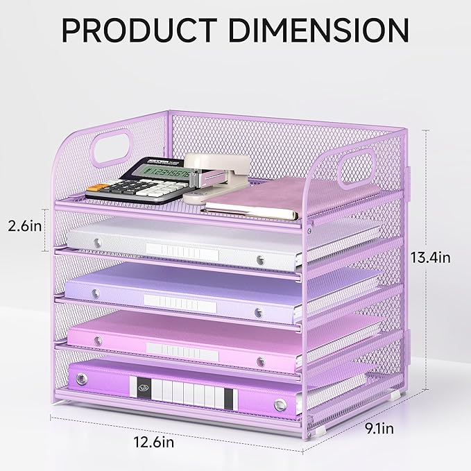 Lavatino Desk Letter Tray Paper Organizer 5-Tier with Handle Metal Mesh Desktop File Organizer Paper Holder for Classroom Office Desk Accessories- Purple