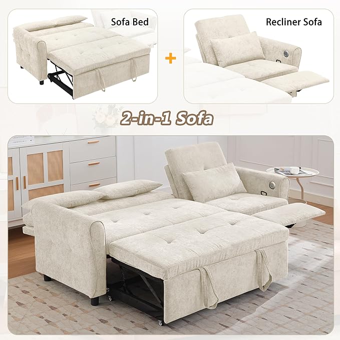 ERYE L-Shaped Reversible Recliner Sectional Sofa Chenille Upholstered Pull Out Convertible Sofabed with Pull Out Sleeper Couch Bed and Recliner Chaise Lounge and USB-C Ports