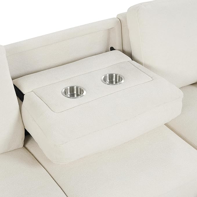 90 L-Shaped Sectional Sleeper Sofa with Reversible Storage Chaise Warp-Knitted Fabric Upholstered Modular Couch with Drop-Down Center Back Cushion with Dual Cup Holders for Living Room (Beige-10)