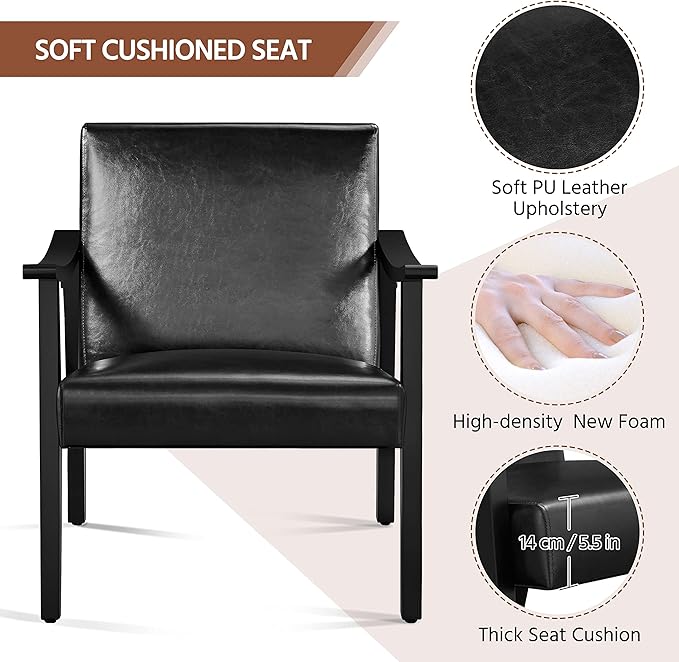 Yaheetech PU Leather Accent Chair Mid-Century Modern Armchair with Solid Wood Legs Reading Leisure Chair with High Back for Living Room Bedroom Waiting Room Black