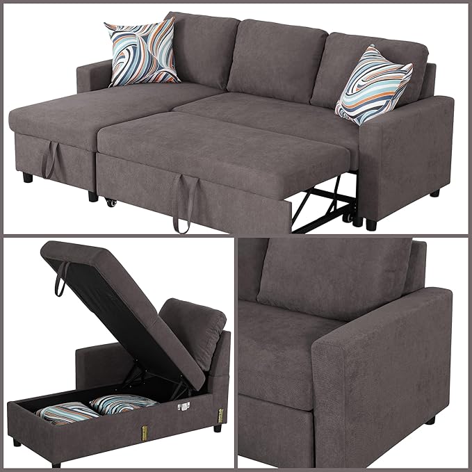 Sleeper Sofa Couch 2 in 1 Pull Out Couch Bed with Storage Chaise L Shaped Sectional Sleeper Sofas Bed Convertible Pullout Sofa for Living Room Apartment Dark Brown