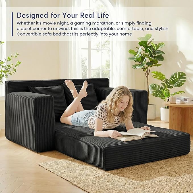 Boneless Couch Loveseat Sleeper Convertible Sofa Bed Folding Couch Bed Foldable 2 in 1 Boneless Chair Bed &amp Futon Sofa Bed Small Pull Out Sofa with 4 Pillows for Living Room Black | No Assembl
