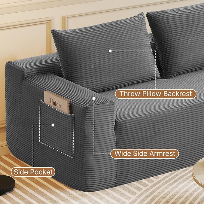 Rovibek 97” Couches for Living Room Modular Sectional Sofa with Chaise &amp Deep Seat Comfy Corduroy Boneless Couch No Assembly Required Grey