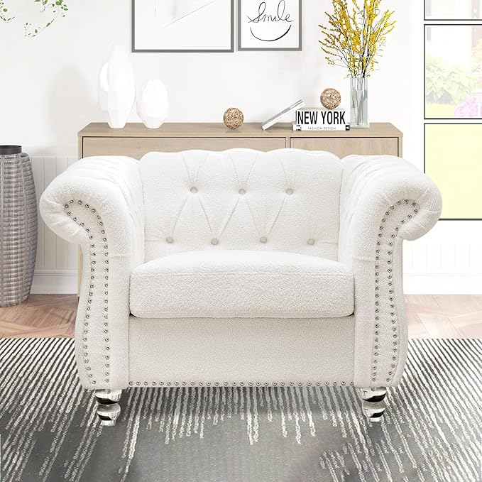 White Chesterfield Chair Sherpa Accent Chair Chesterfield Upholstered Club Wingback Chair Button Tufted Sofa for Living Room Bedroom Office