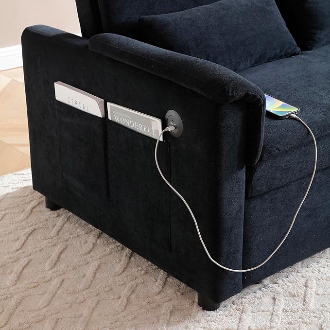 Sofa Bed Pull Out Couch with Side Pockets 3 in 1 Velvet Loveseat Sleeper Sofas Beds with USB Ports Sofa Bed Couch with Adjustable Backrest for Living Room Bedroom Apartment Black Blue