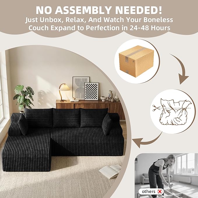 2026 New Boneless Couch No Assembly Cloud Couch Sectional with Deep Seat &amp Chaise for Small Spaces Upholstered Boneless Sectional Couch for Living Room L Shaped Couch with Left Facing Chaise B